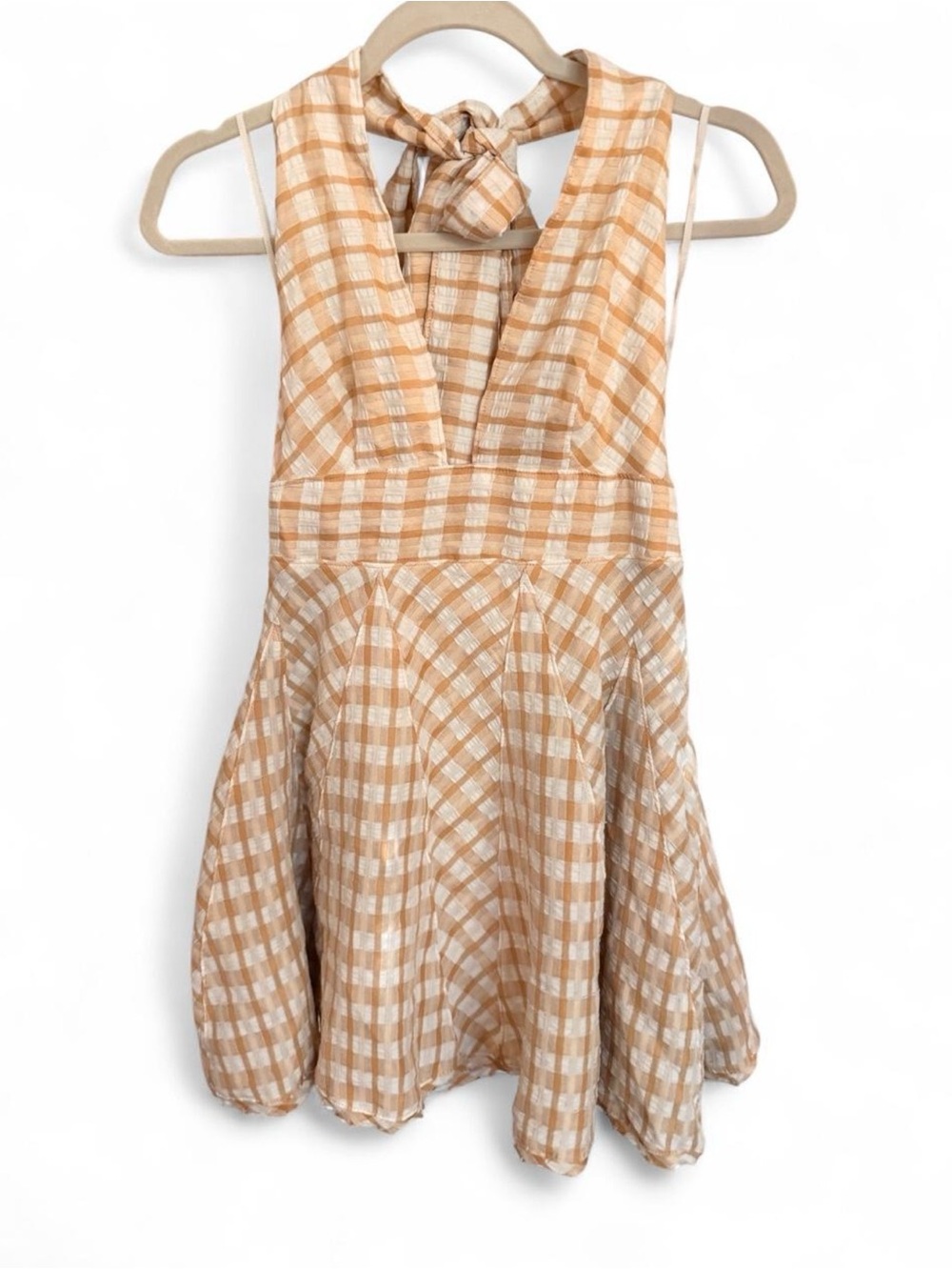 Free People Gingham Tie-Back Mini Dress in Beige